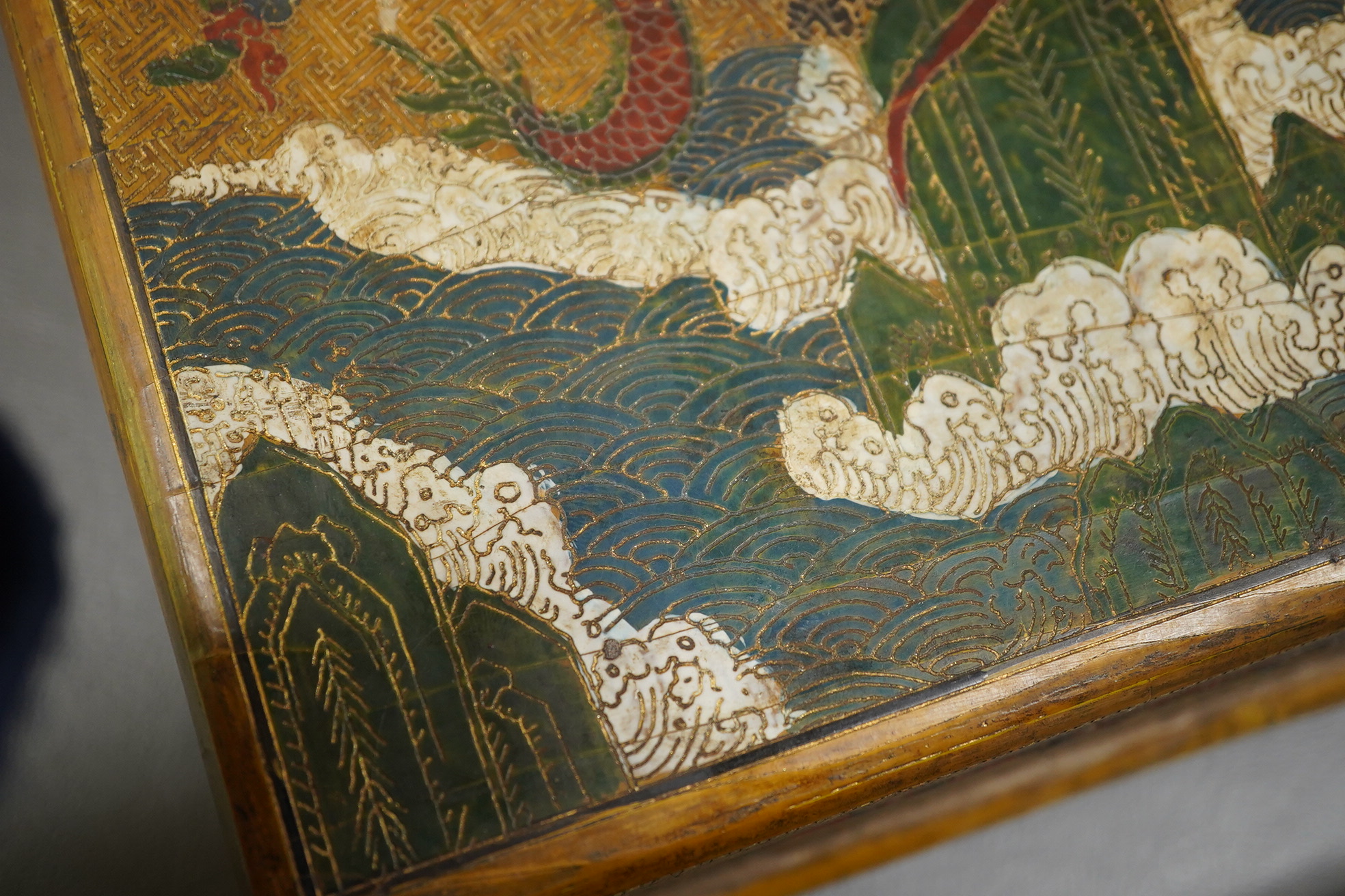 A Chinese inscribed polychrome lacquer document box, Qianlong mark and inscription